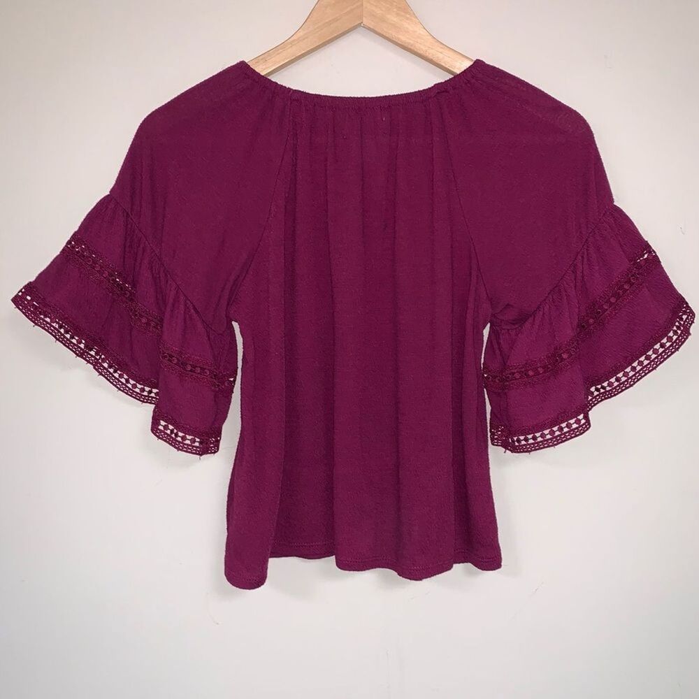 Boho Peasant Top Girls Small 6-7 shirt Blouse Flowy Hippie Fall School Burgundy - Picture 2 of 8